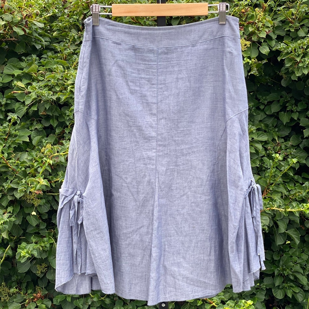 Y2K Made in Turkey Blue Side Bow Ruched Midi Skirt Cotton Panelled Euro Chic - M